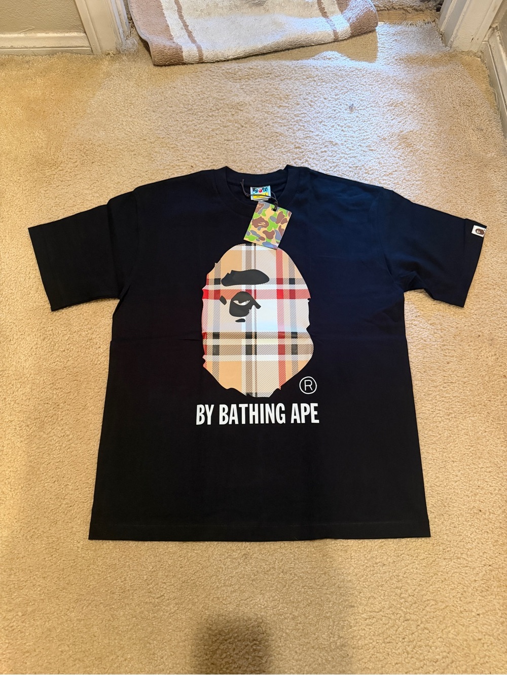 Bape Black Short-Sleeve Tee with Plaid Ape Head Graphic